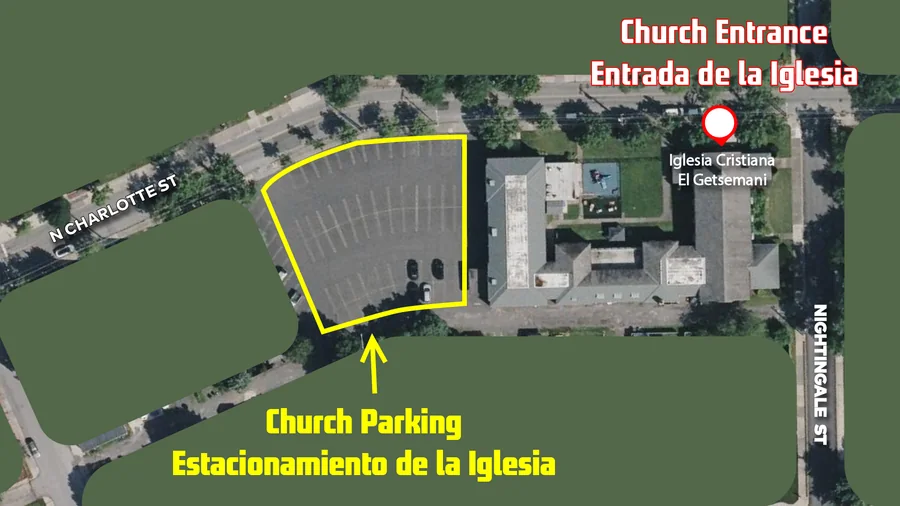 Mapa de la iglesia: el estacionamiento de la iglesia está junto al edificio en N. Charlotte St., y la entrada de la iglesia está en N. Charlotte St., cerca de la esquina con Nightingale St.